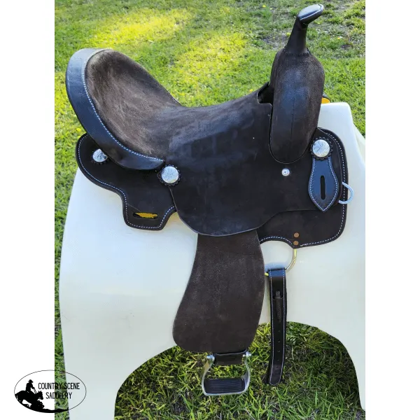 15" Double T  Chocolate Rough Out Leather Barrel Saddle