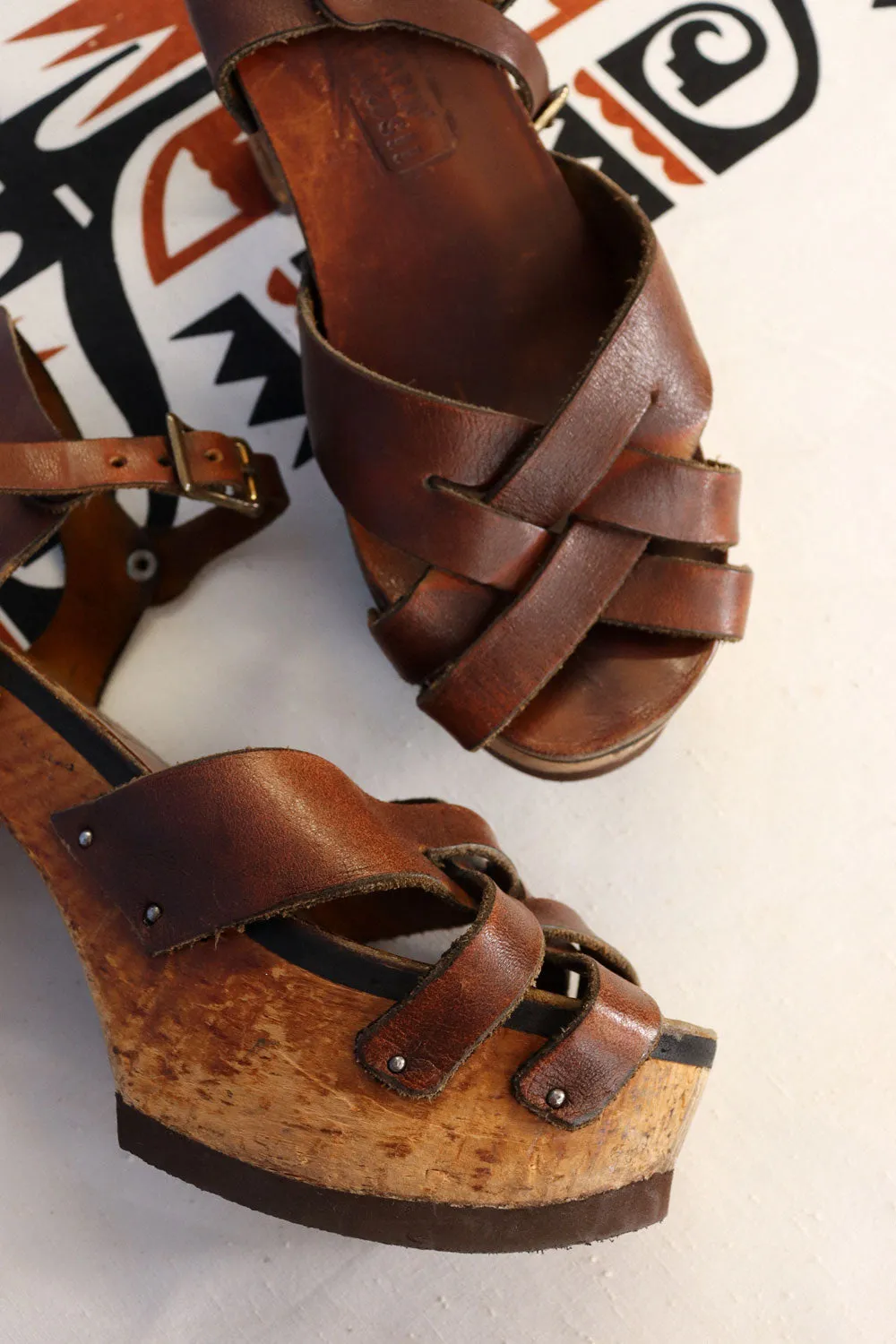 1970s Leapin' Lizards Leather and Wood Platforms 8-8.5
