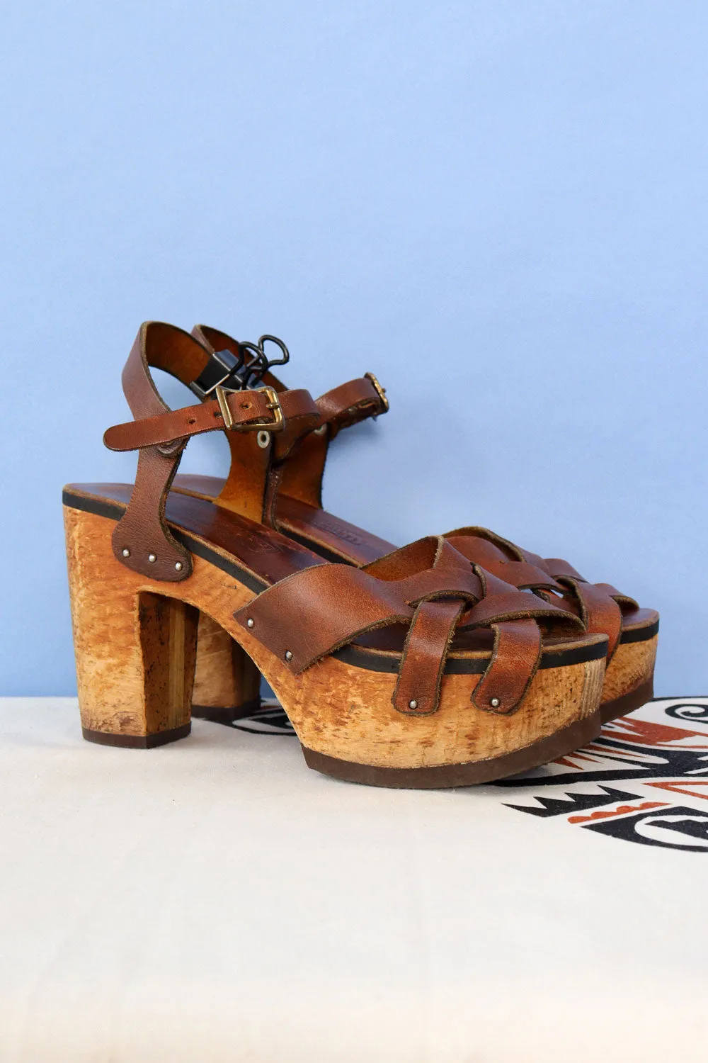 1970s Leapin' Lizards Leather and Wood Platforms 8-8.5