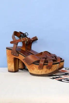 1970s Leapin' Lizards Leather and Wood Platforms 8-8.5