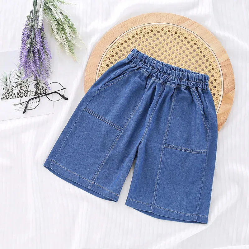 2024 Boy Summer Shorts Infant Fashion Torn Trousers Children knee Length Pants Kids Casual Denim Jeans