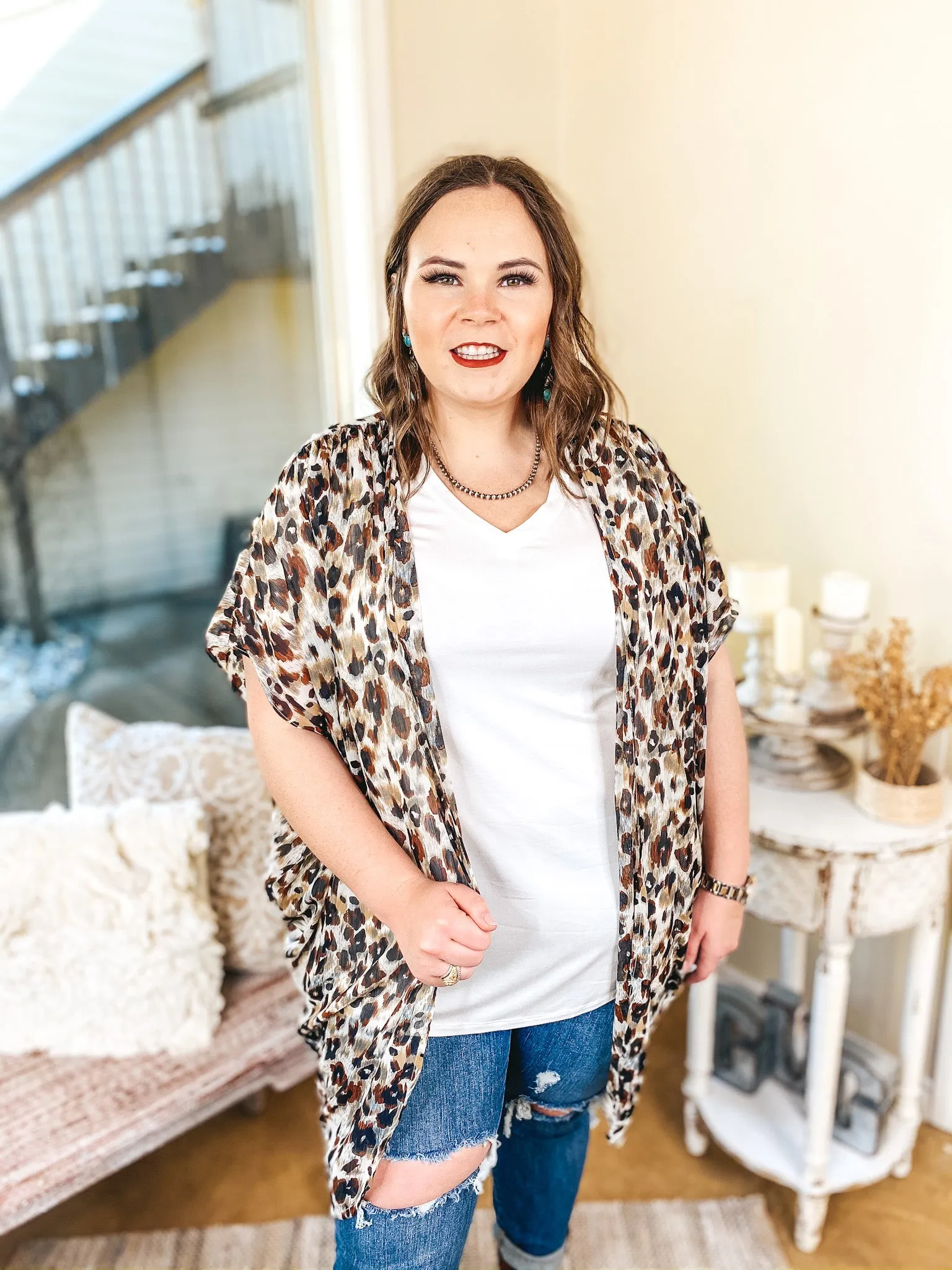 A Wild Spirit Leopard Short Sleeve Kimono with Gold Accents