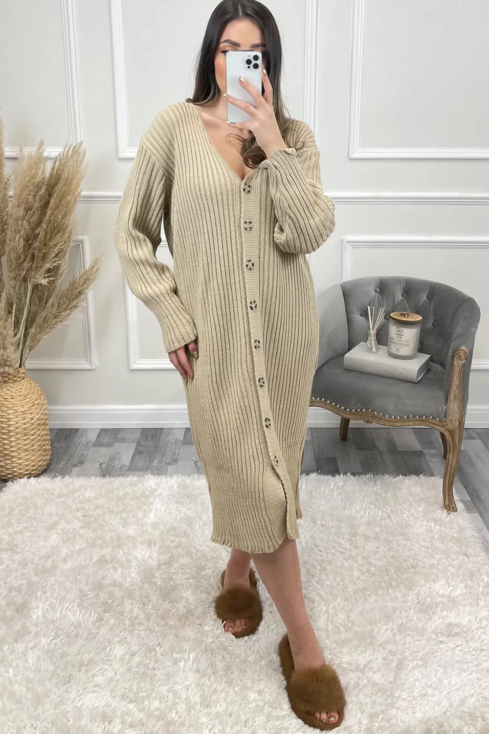 Alisha Beige Button Up Longline Ribbed Knitted Cardigan
