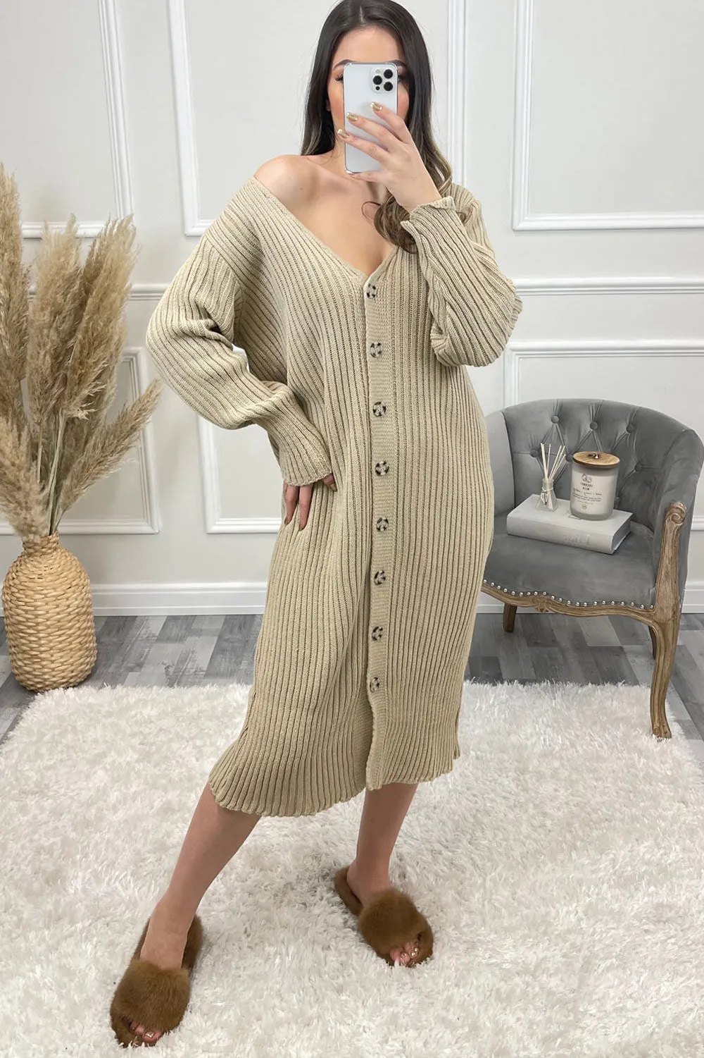Alisha Beige Button Up Longline Ribbed Knitted Cardigan
