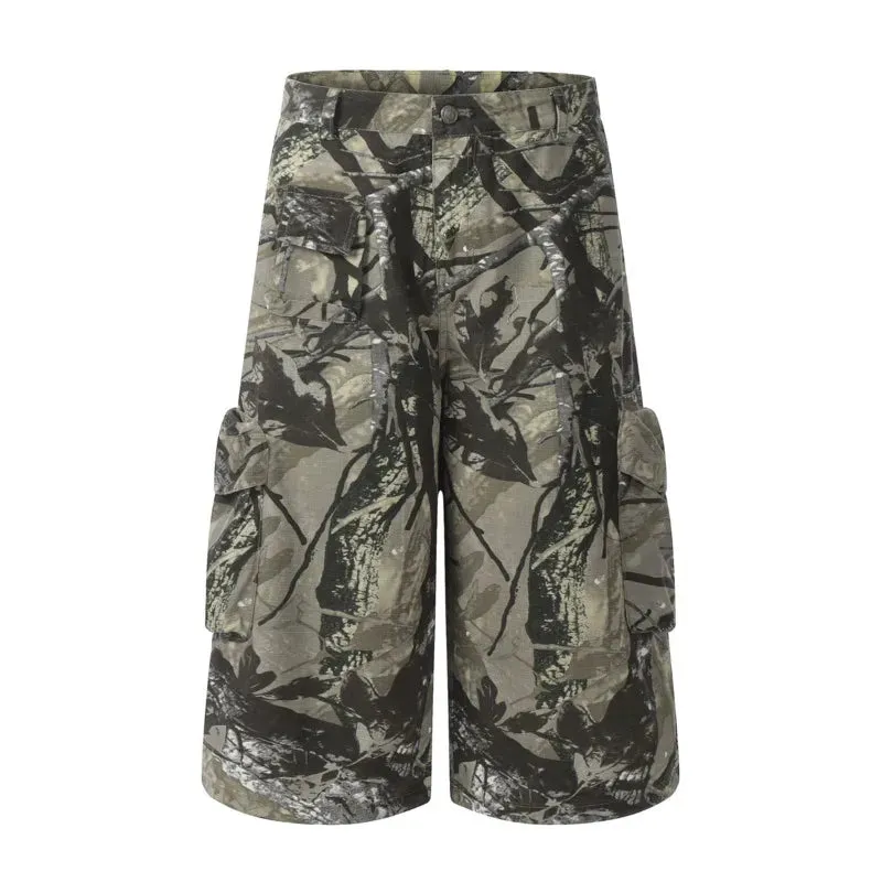 American Style Men Graffiti Cropped Trousers Summer Fashion Casual  Straight Wide Leg Male Shorts Camouflage Color 9C6630