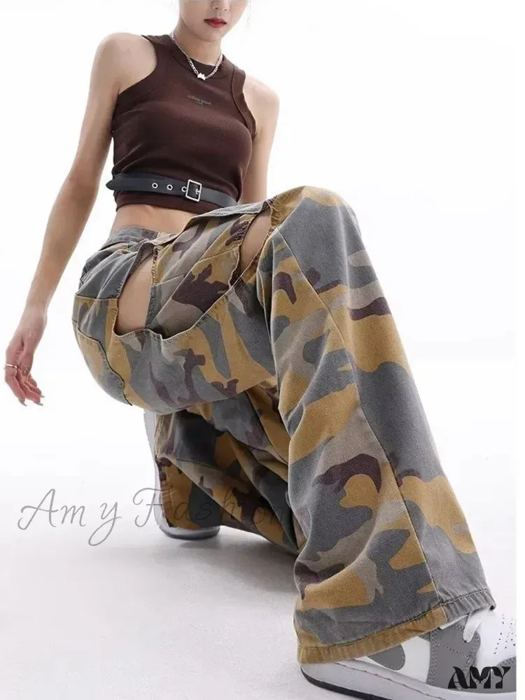 Amy Fashion - Loose Splashed Ink Speaker Camouflage Pants Trendy Hip-Hop Vintage Versatile Work Clothes Pants Wide Leg Pants Women's Jean