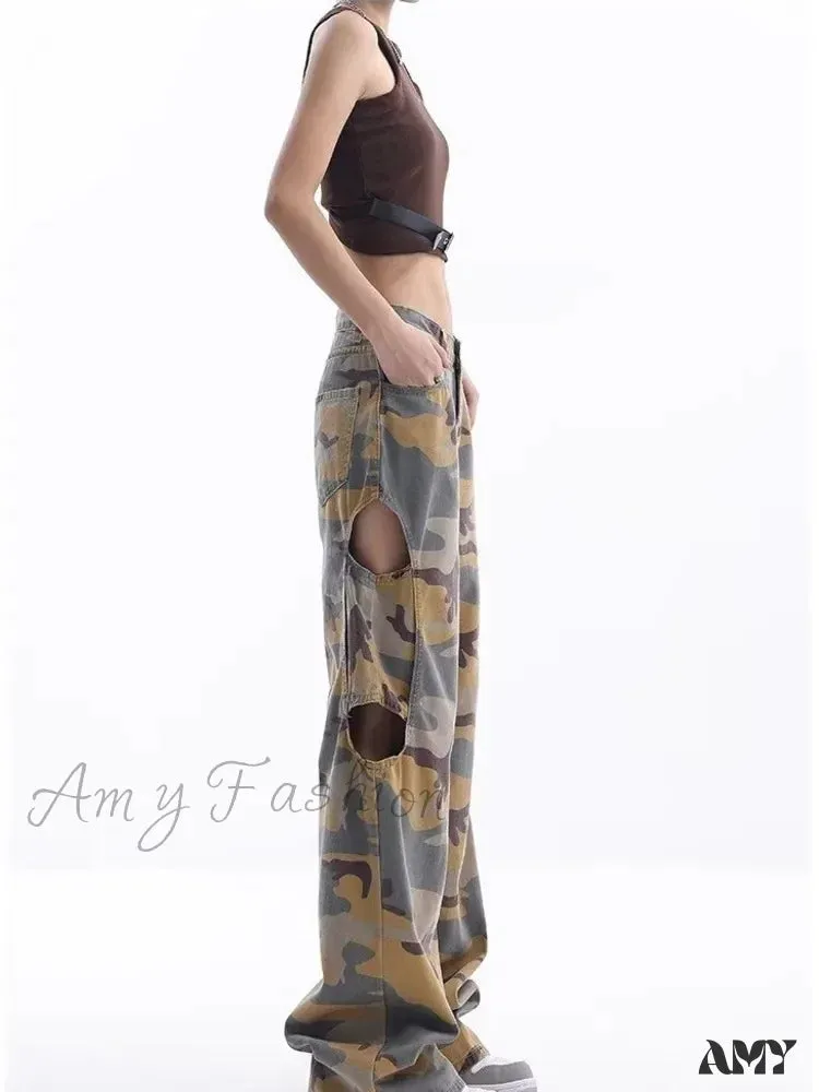 Amy Fashion - Loose Splashed Ink Speaker Camouflage Pants Trendy Hip-Hop Vintage Versatile Work Clothes Pants Wide Leg Pants Women's Jean