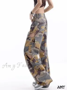 Amy Fashion - Loose Splashed Ink Speaker Camouflage Pants Trendy Hip-Hop Vintage Versatile Work Clothes Pants Wide Leg Pants Women's Jean