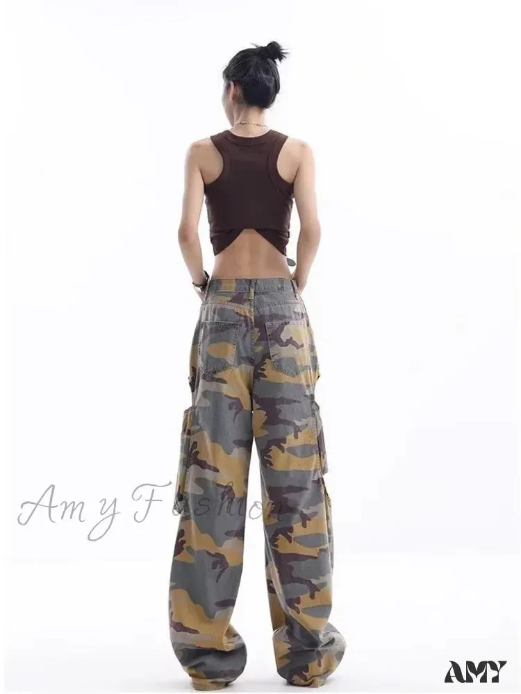 Amy Fashion - Loose Splashed Ink Speaker Camouflage Pants Trendy Hip-Hop Vintage Versatile Work Clothes Pants Wide Leg Pants Women's Jean
