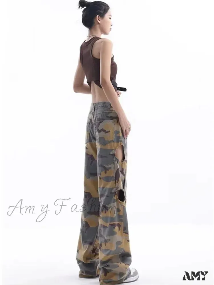 Amy Fashion - Loose Splashed Ink Speaker Camouflage Pants Trendy Hip-Hop Vintage Versatile Work Clothes Pants Wide Leg Pants Women's Jean