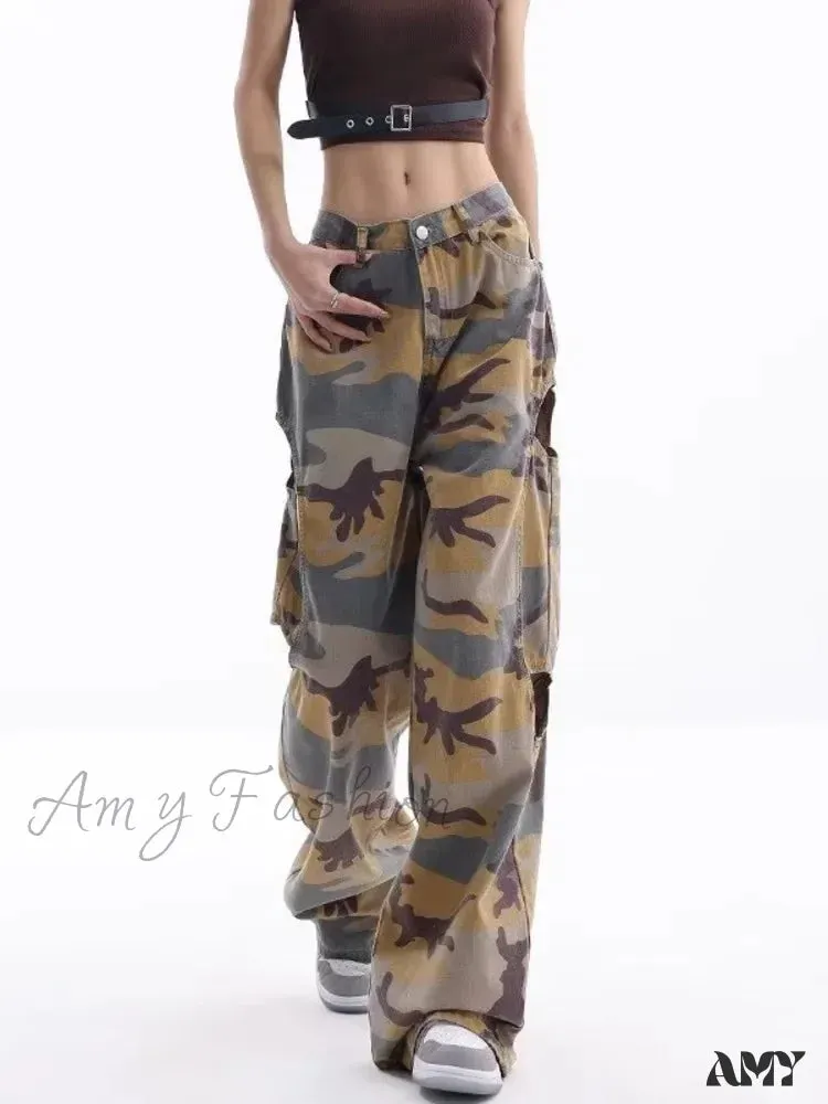 Amy Fashion - Loose Splashed Ink Speaker Camouflage Pants Trendy Hip-Hop Vintage Versatile Work Clothes Pants Wide Leg Pants Women's Jean