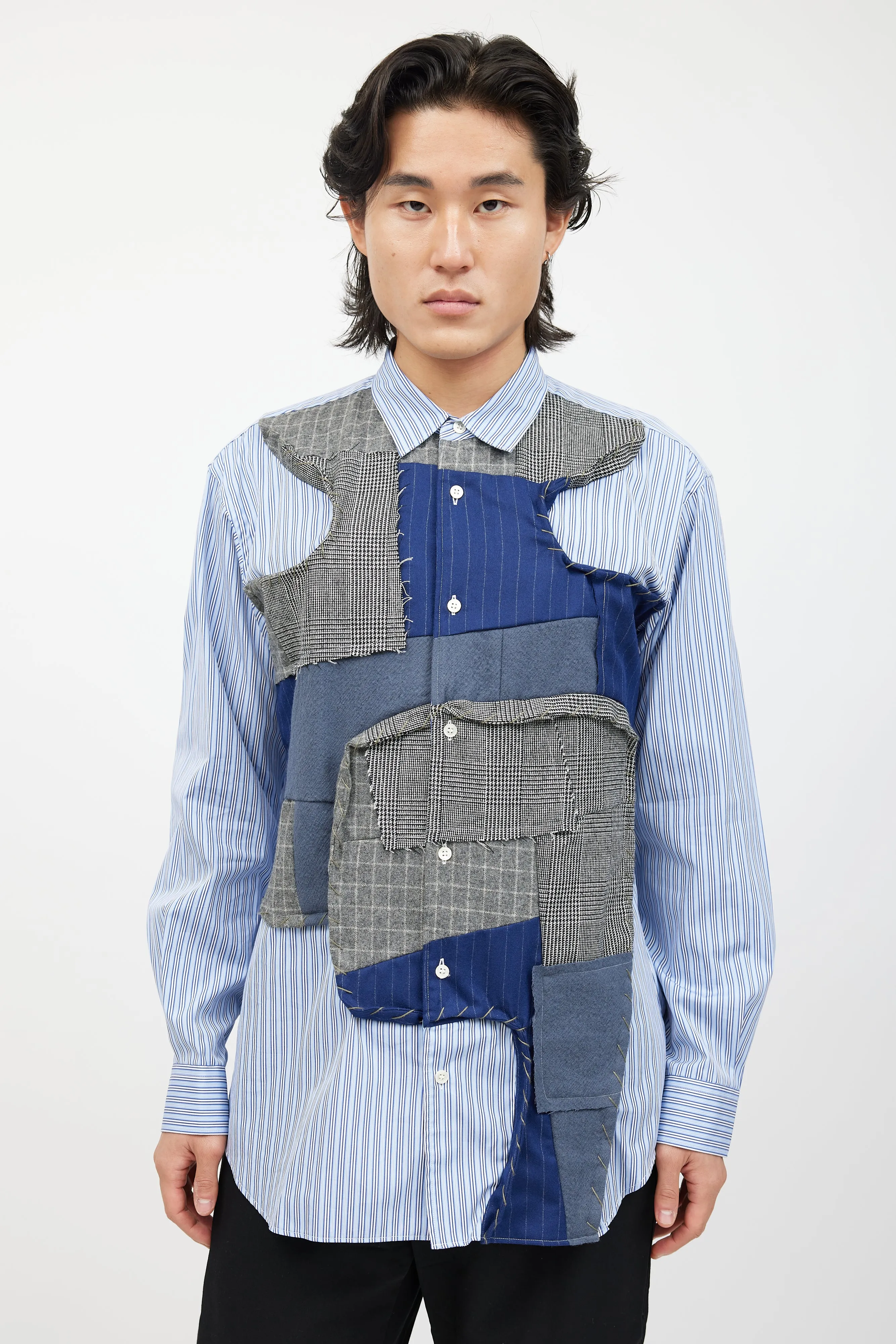 Blue & Multicolour Patchwork Striped Shirt