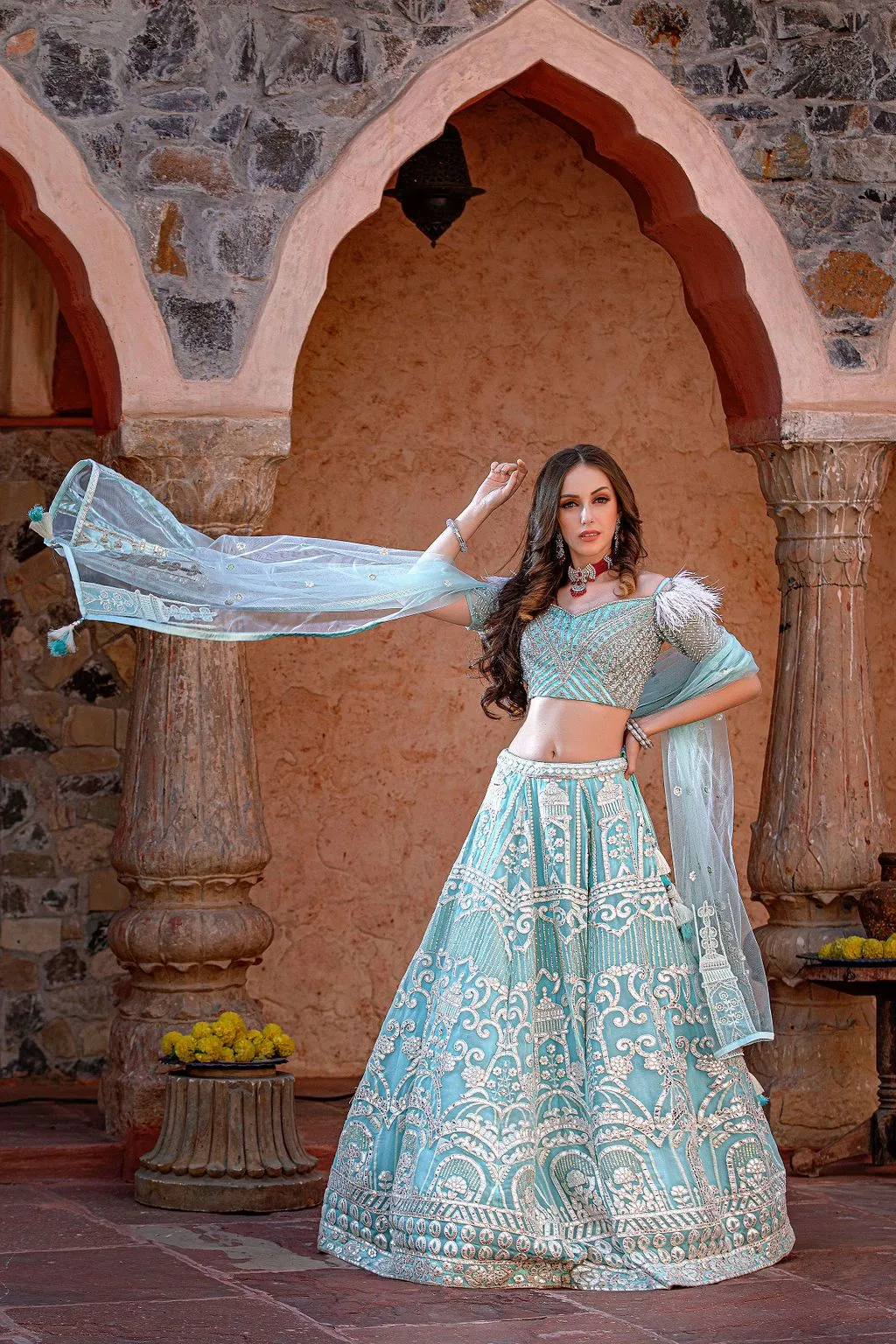 Blue Leather Patch embroidery Lehenga