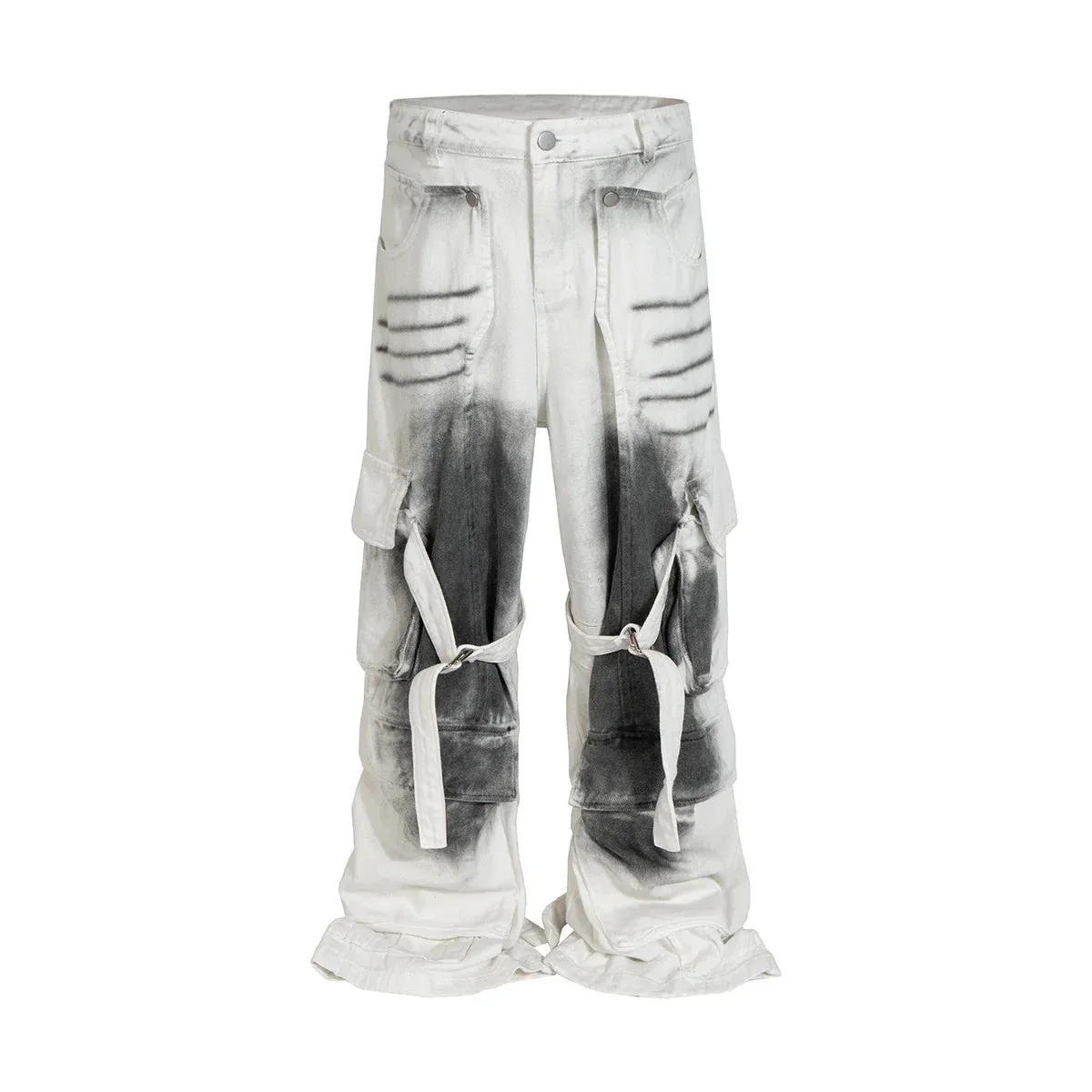 Bonsir White Splashed Ink Distressed Jeans for Men streetwear Multi-pockets Baggy Cargo Pants Oversize Ropa Hombre Loose Denim Trousers