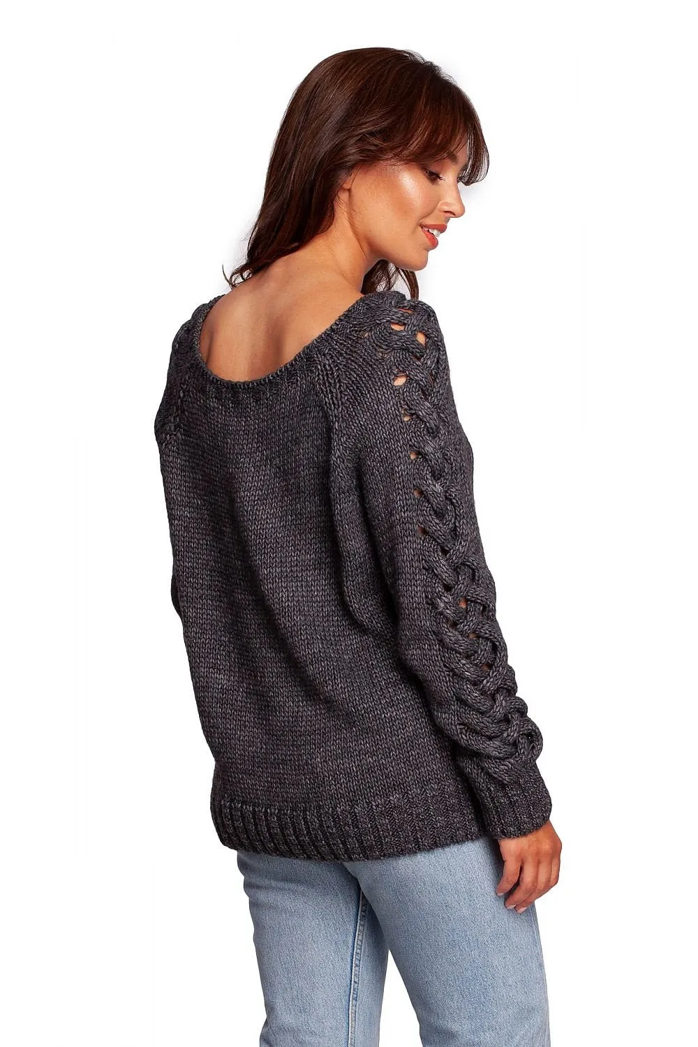 Braid Knitted Jumper with Wide Round Neckline