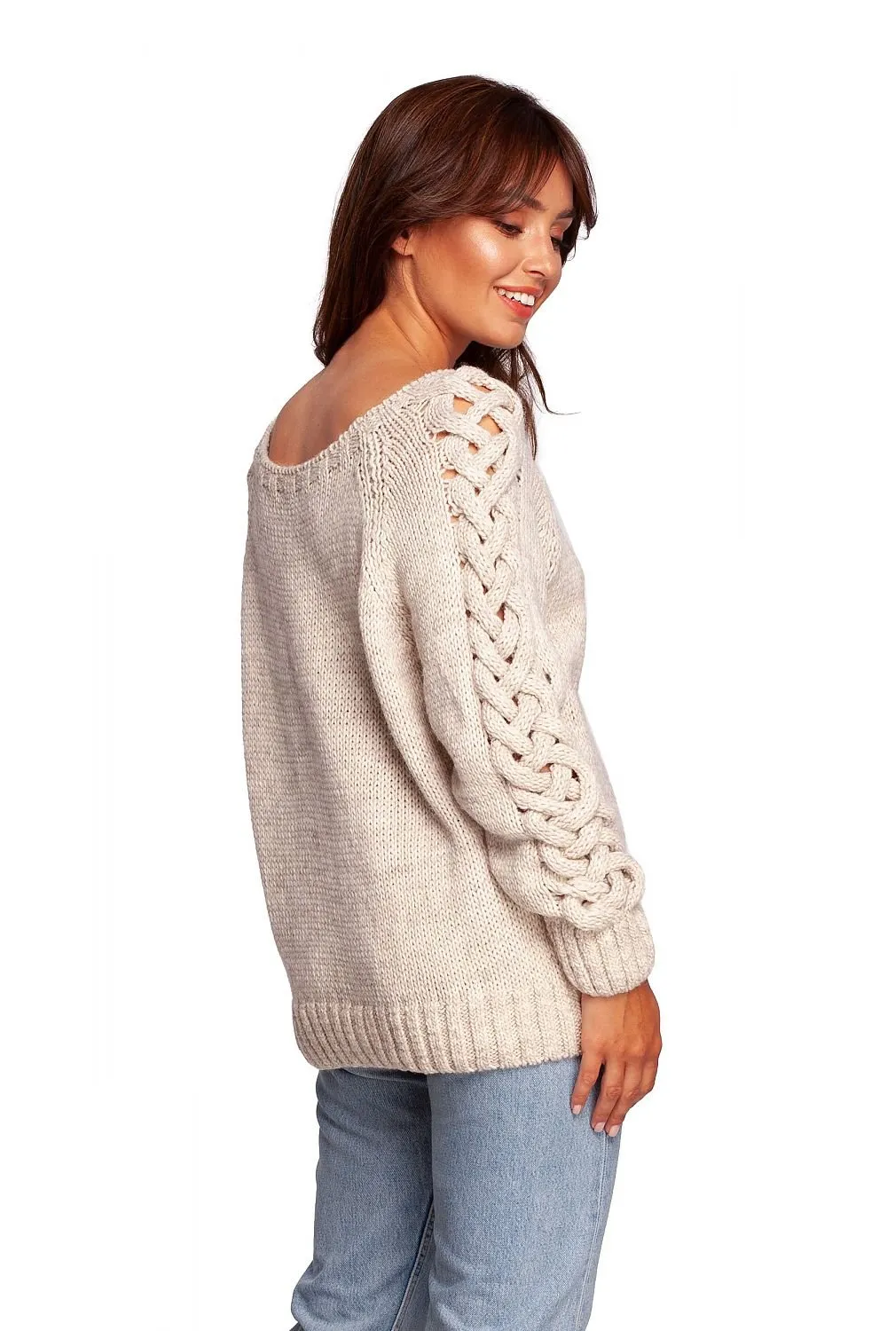 Braid Knitted Jumper with Wide Round Neckline