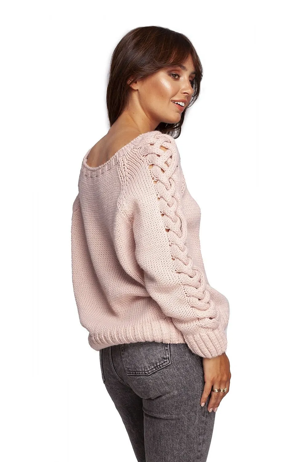 Braid Knitted Jumper with Wide Round Neckline