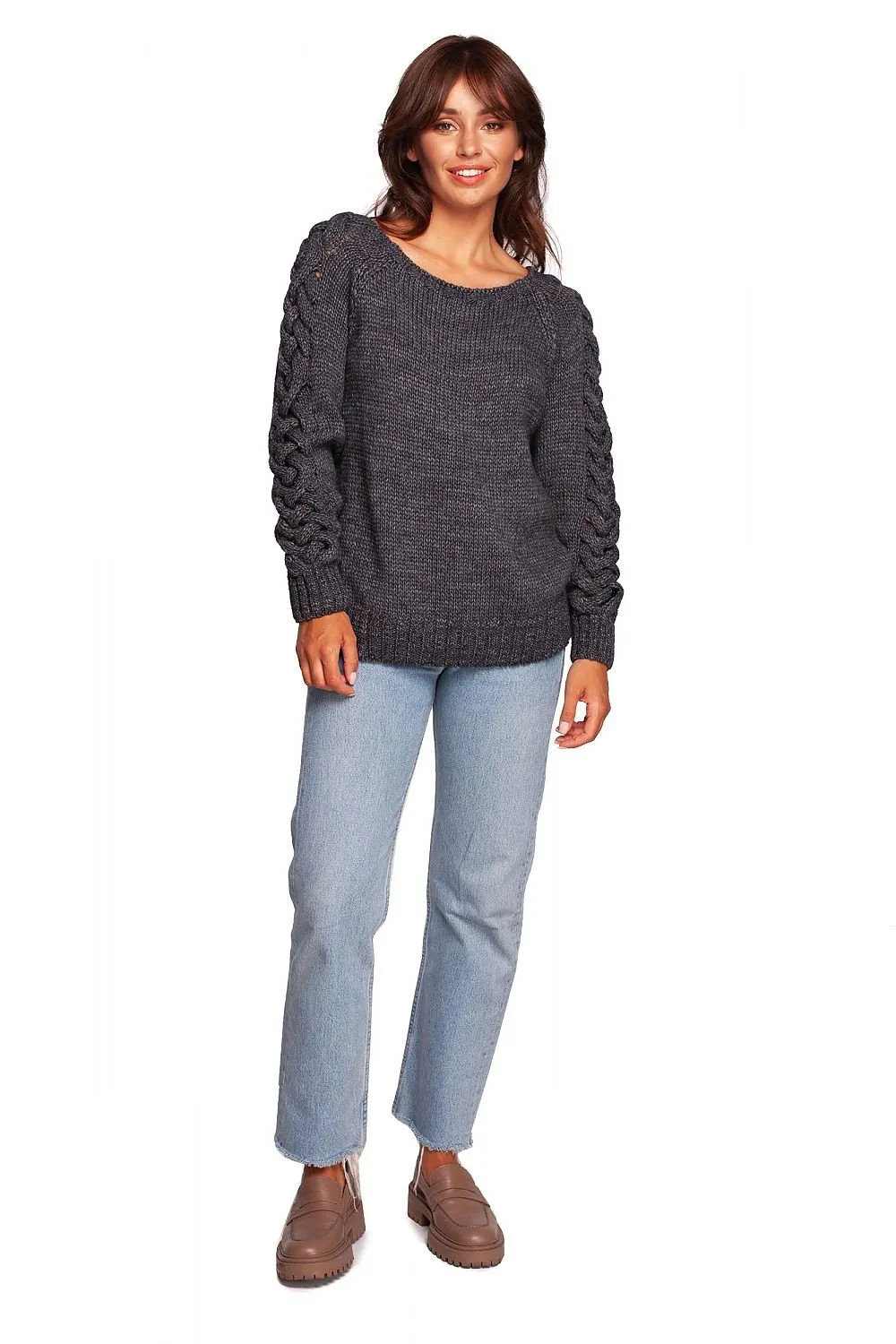 Braid Knitted Jumper with Wide Round Neckline