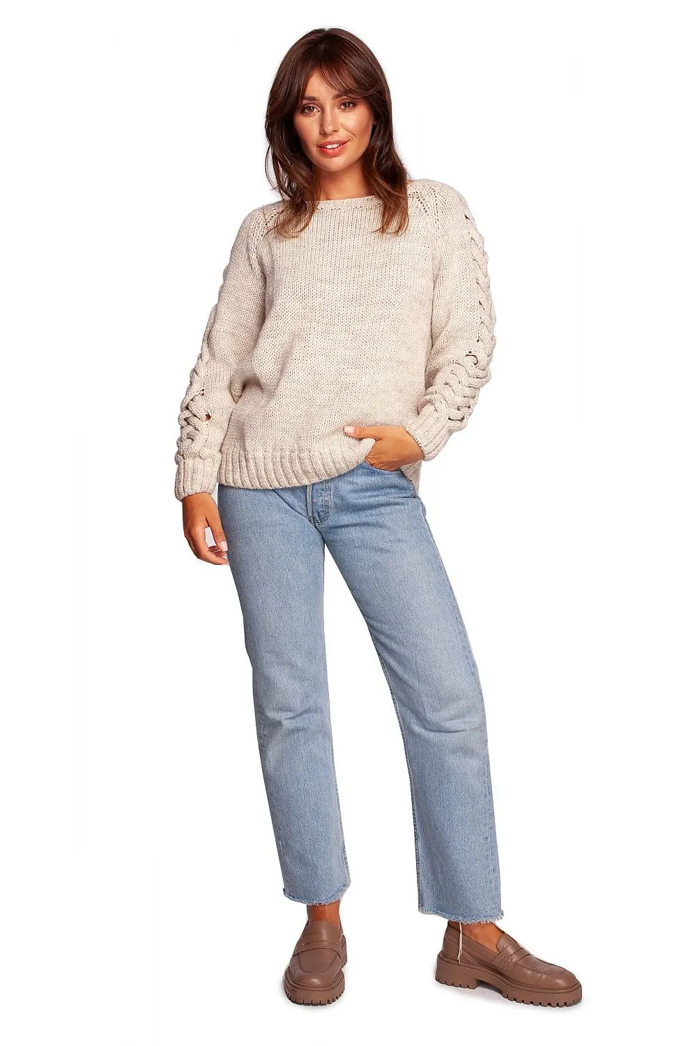 Braid Knitted Jumper with Wide Round Neckline