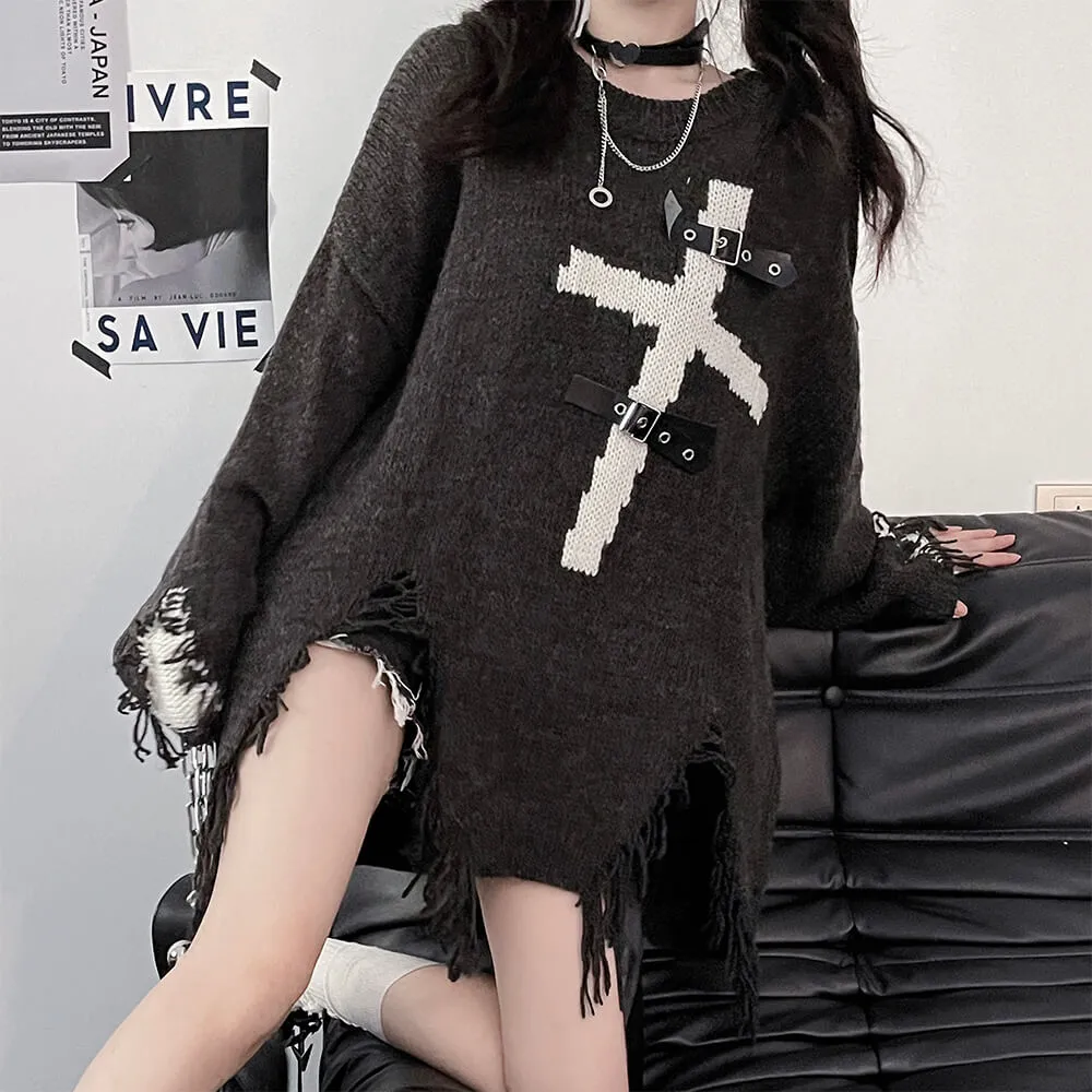Cross Buckle Ripped Oversize Sweater Pullover