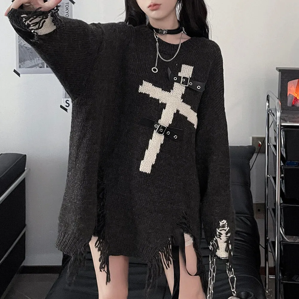 Cross Buckle Ripped Oversize Sweater Pullover