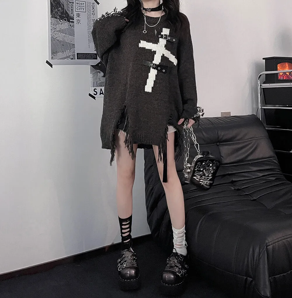 Cross Buckle Ripped Oversize Sweater Pullover