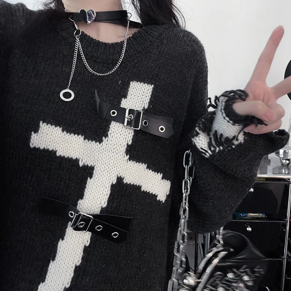 Cross Buckle Ripped Oversize Sweater Pullover