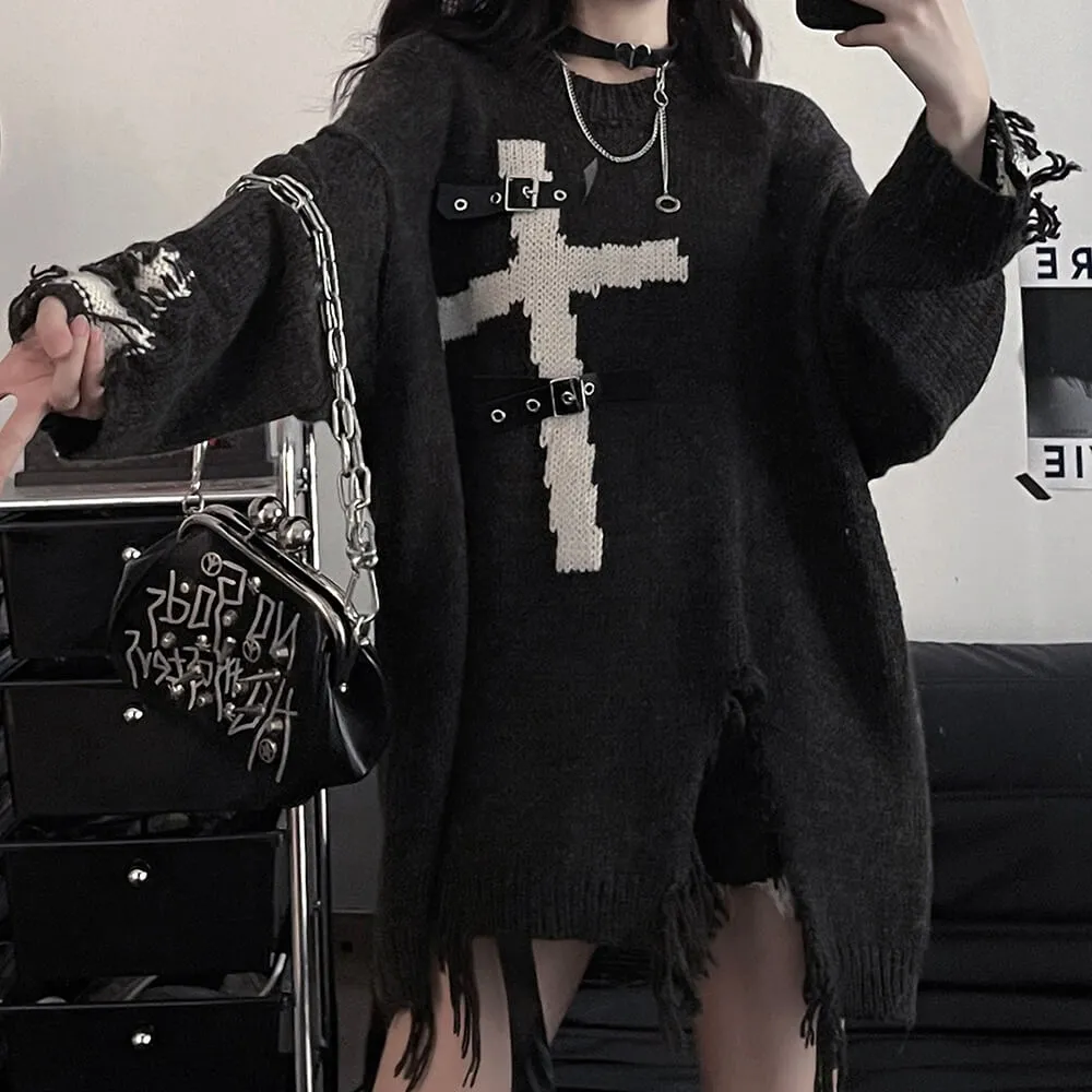 Cross Buckle Ripped Oversize Sweater Pullover