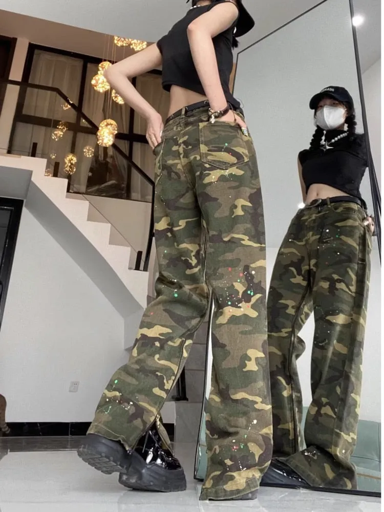 deanwangkt Loose Splashed Ink Speaker Camouflage Pants Trendy Hip-hop Vintage Versatile Work Clothes Pants Wide Leg Pants Women's Jeans