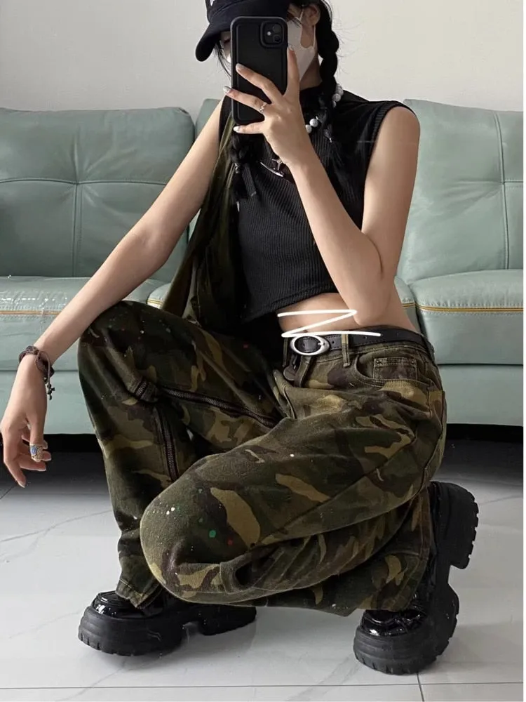 deanwangkt Loose Splashed Ink Speaker Camouflage Pants Trendy Hip-hop Vintage Versatile Work Clothes Pants Wide Leg Pants Women's Jeans
