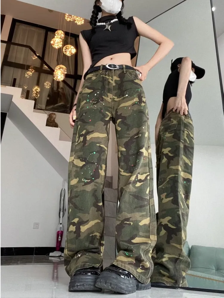 deanwangkt Loose Splashed Ink Speaker Camouflage Pants Trendy Hip-hop Vintage Versatile Work Clothes Pants Wide Leg Pants Women's Jeans