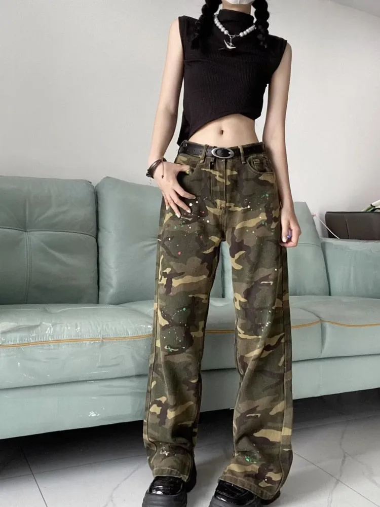 deanwangkt Loose Splashed Ink Speaker Camouflage Pants Trendy Hip-hop Vintage Versatile Work Clothes Pants Wide Leg Pants Women's Jeans