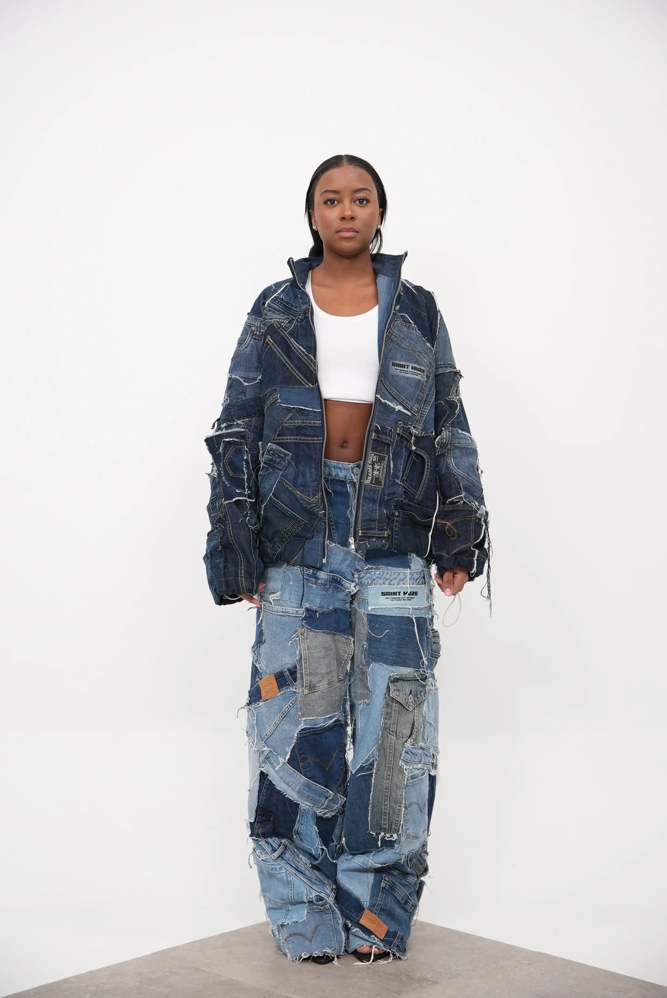 Denim Patchwork Pants Blue