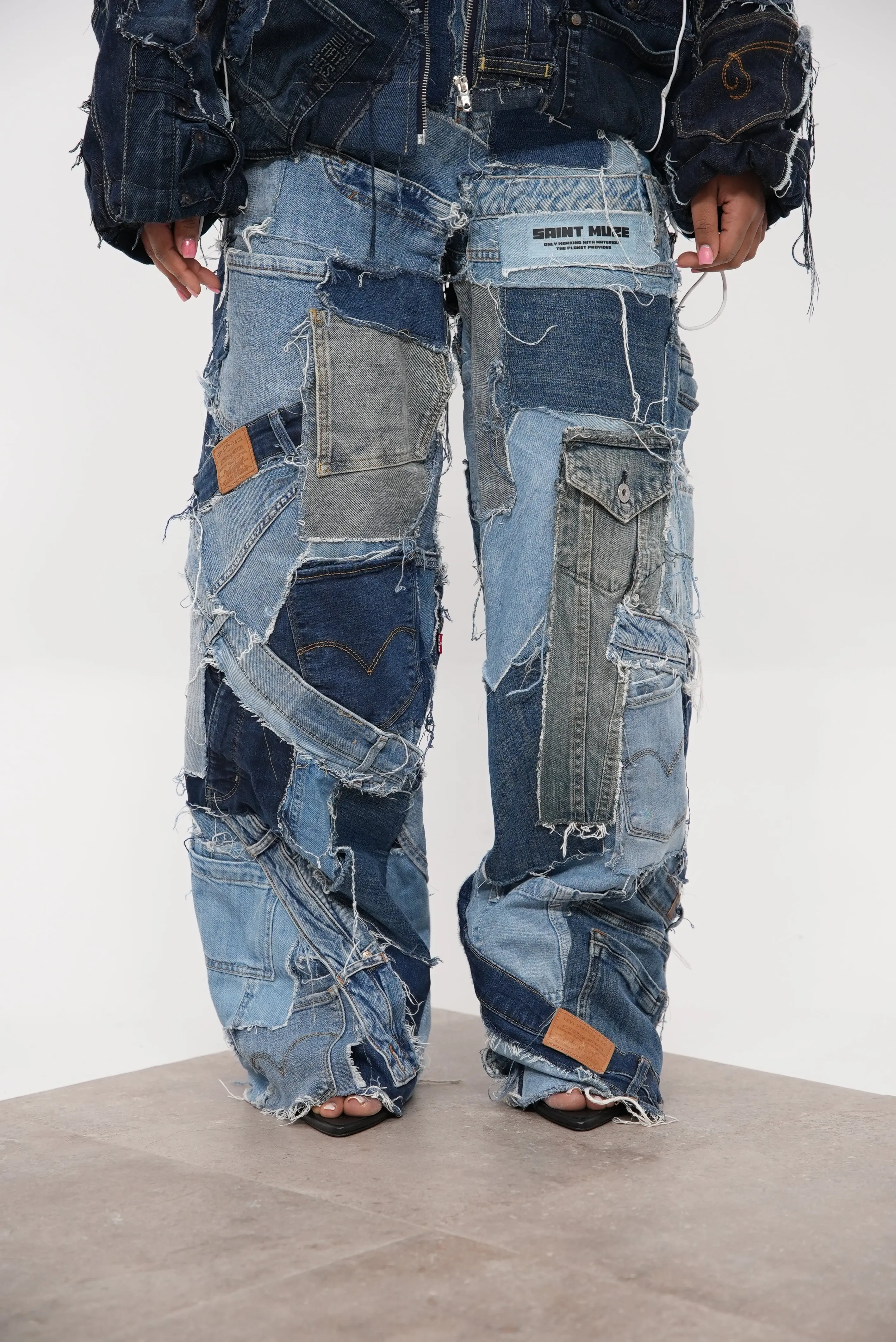 Denim Patchwork Pants Blue