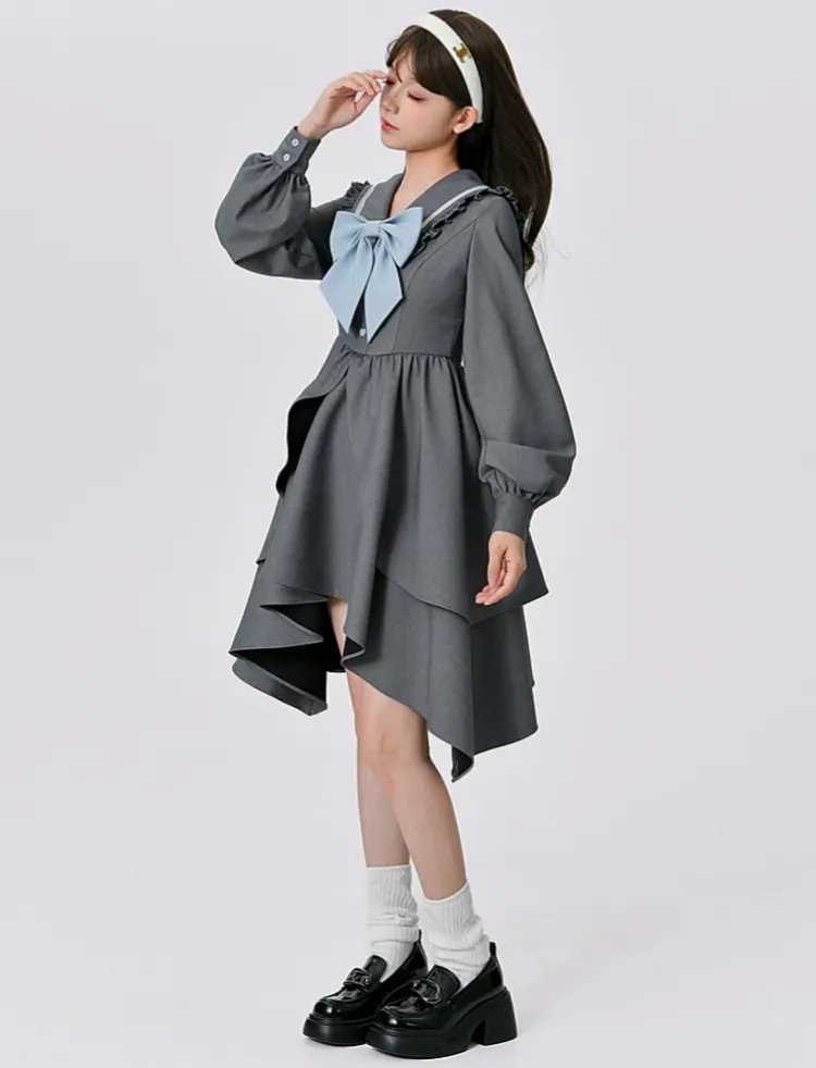 Fall College Style Gray Irregular Dress