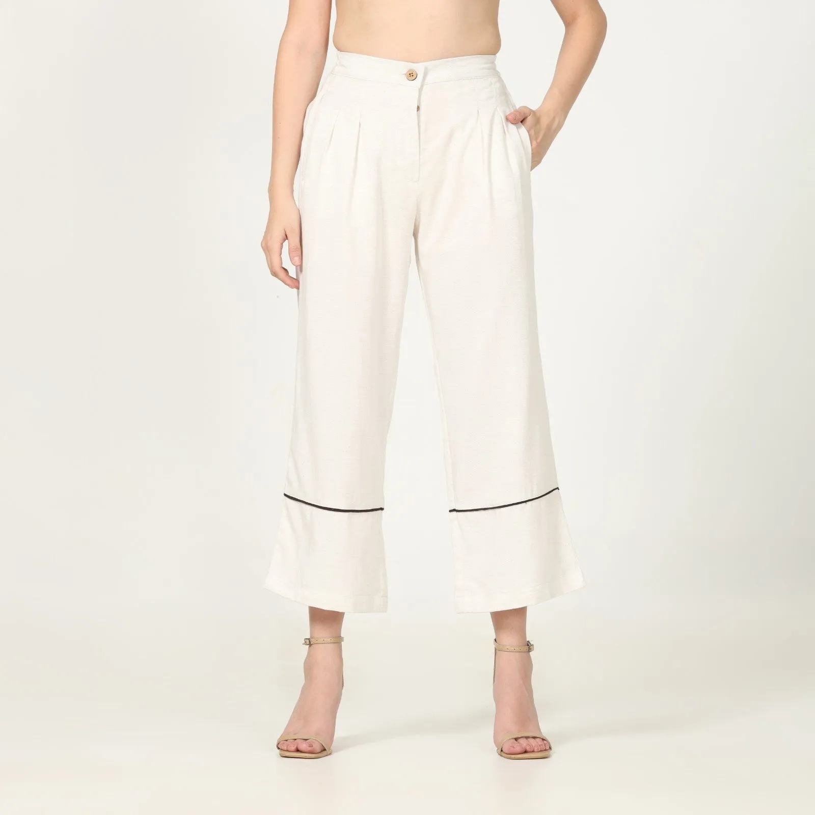 Hand-Crafted Off-White Pants | Front Pleated Barrel Leg | Dark Brown Edging