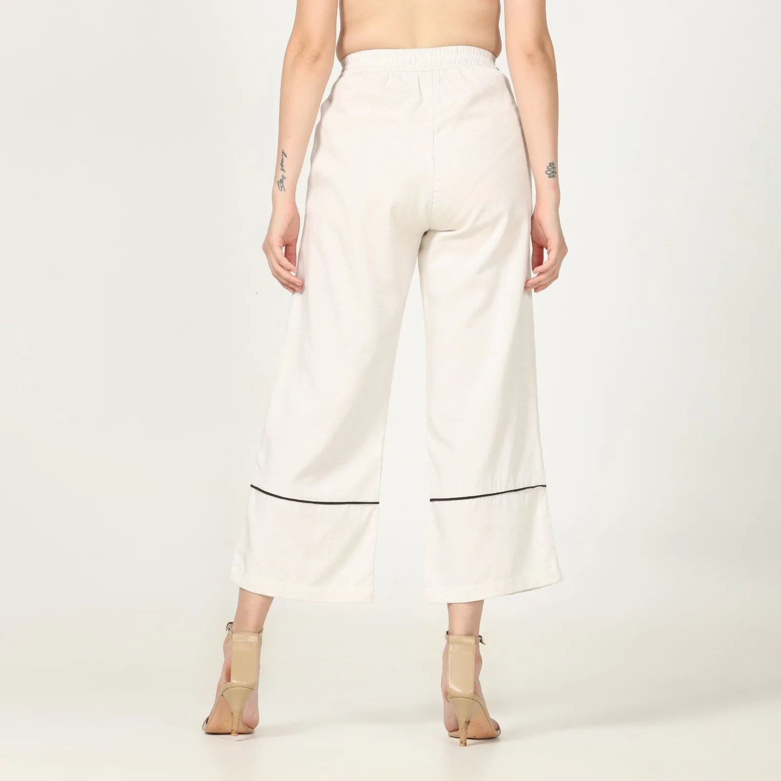 Hand-Crafted Off-White Pants | Front Pleated Barrel Leg | Dark Brown Edging
