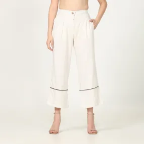 Hand-Crafted Off-White Pants | Front Pleated Barrel Leg | Dark Brown Edging