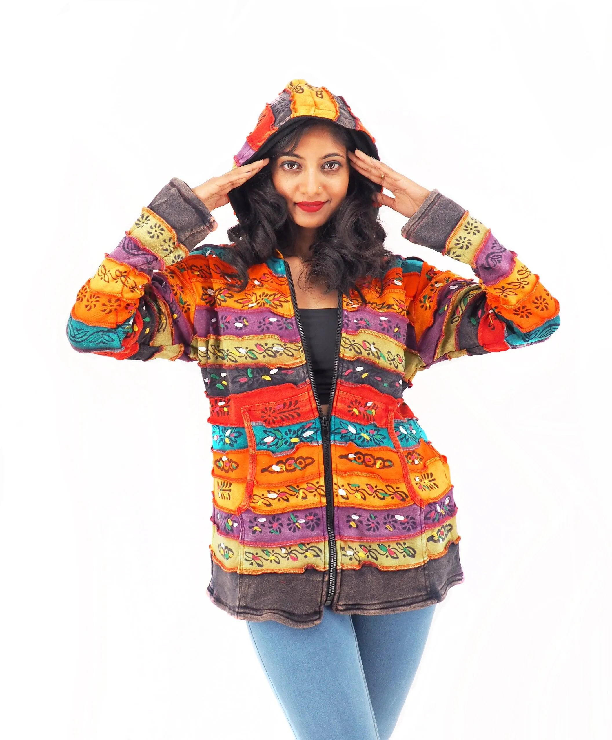 Handmade Patchwork Boho Hoodie 100% Pre-Washed Cotton Rainbow Tones S-M-L-XL