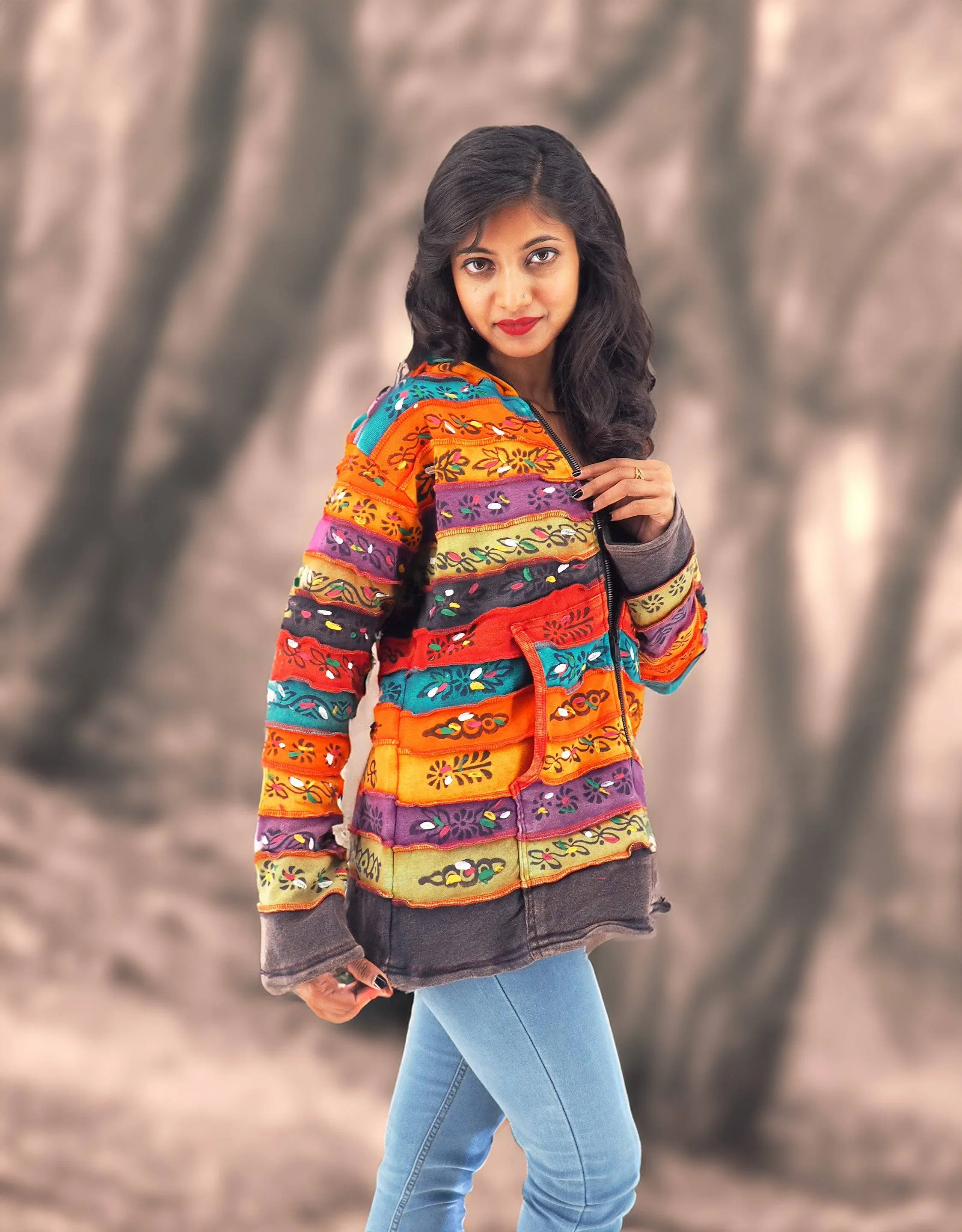 Handmade Patchwork Boho Hoodie 100% Pre-Washed Cotton Rainbow Tones S-M-L-XL