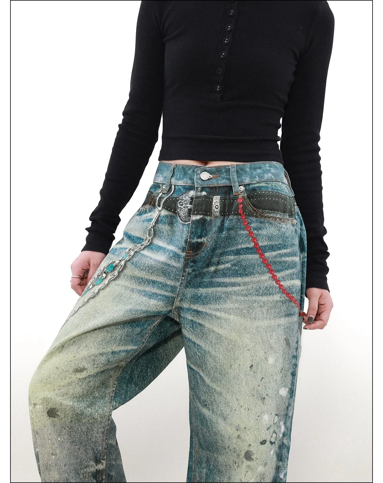 Ink Splashed Chain Detail Jeans