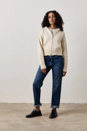 MILLS ZIP FRONT HOODED SWEATER / CREAM