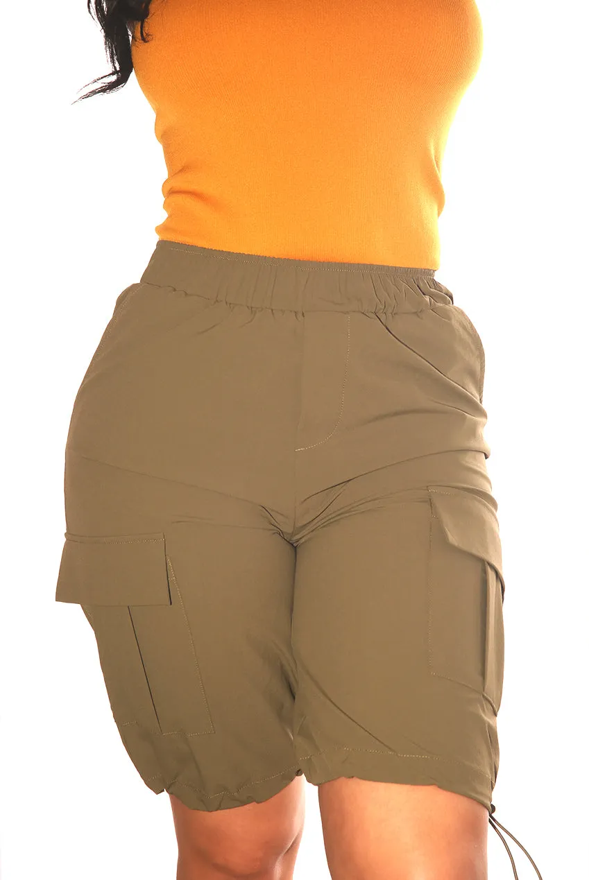 Nylon Cargo Shorts With Bungee Cord Tie Hem - Dark Olive