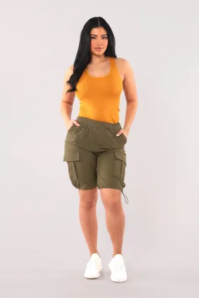 Nylon Cargo Shorts With Bungee Cord Tie Hem - Dark Olive