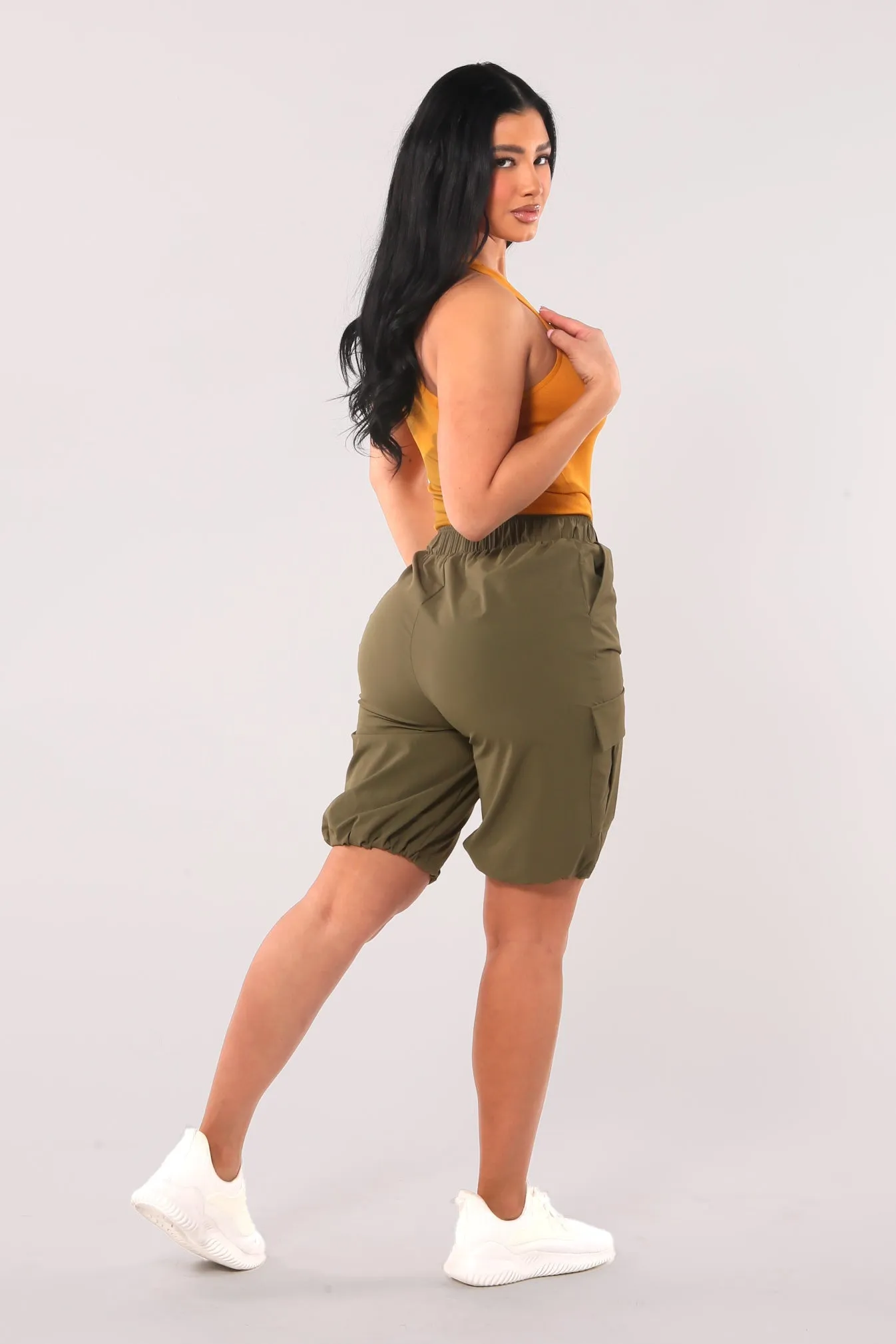 Nylon Cargo Shorts With Bungee Cord Tie Hem - Dark Olive