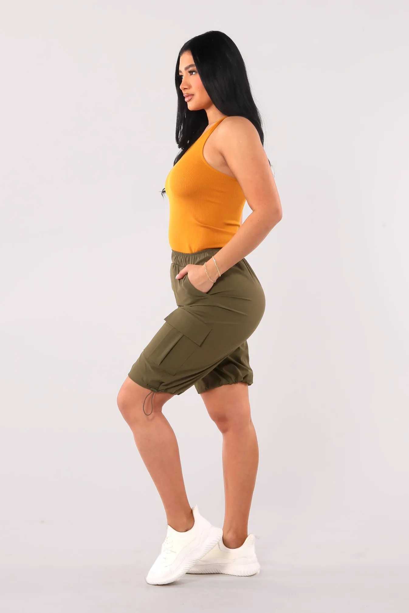 Nylon Cargo Shorts With Bungee Cord Tie Hem - Dark Olive