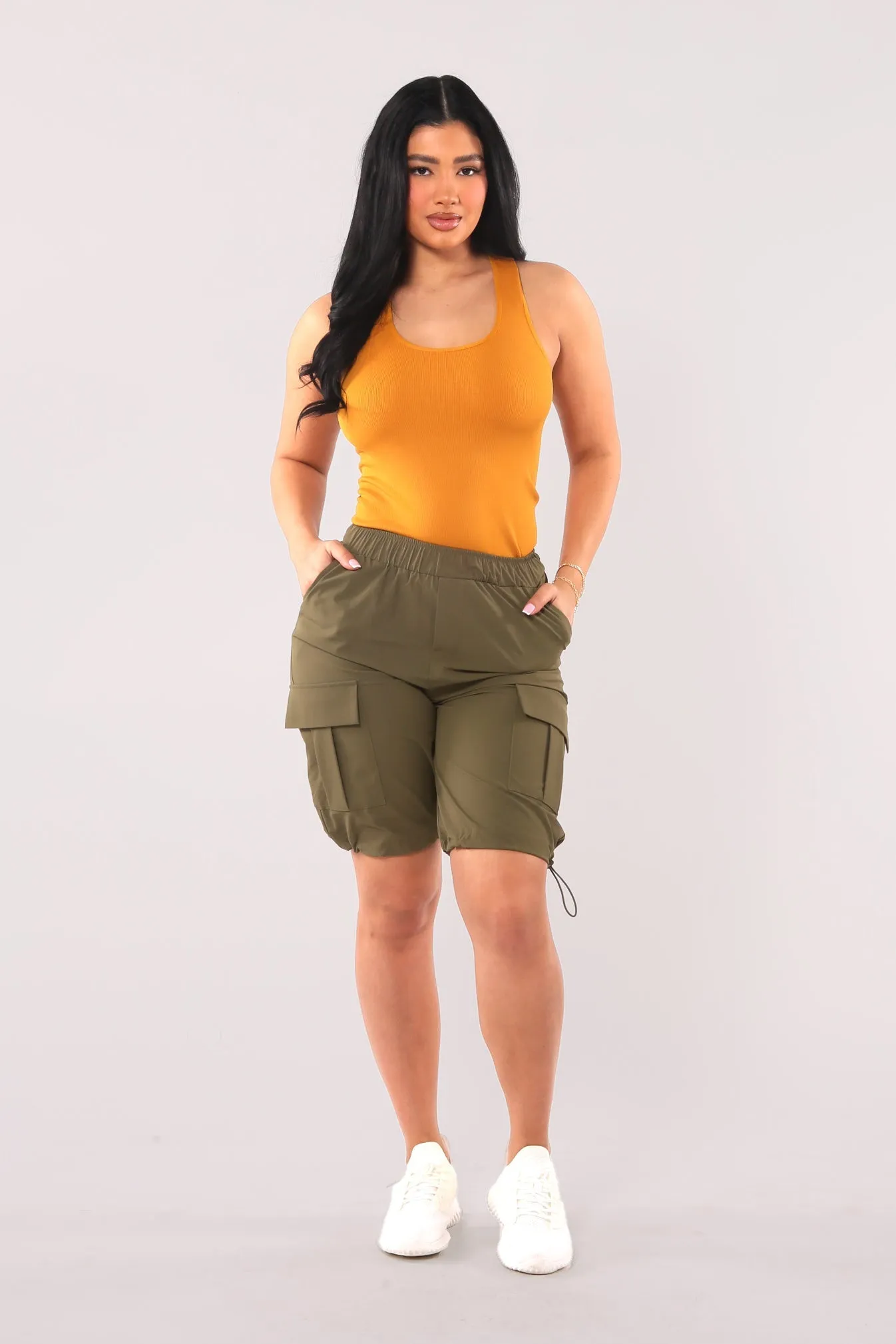 Nylon Cargo Shorts With Bungee Cord Tie Hem - Dark Olive