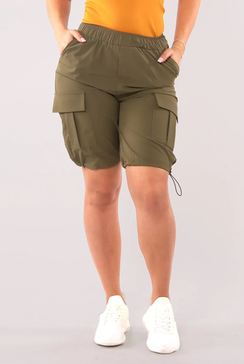 Nylon Cargo Shorts With Bungee Cord Tie Hem - Dark Olive