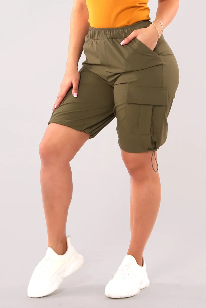 Nylon Cargo Shorts With Bungee Cord Tie Hem - Dark Olive
