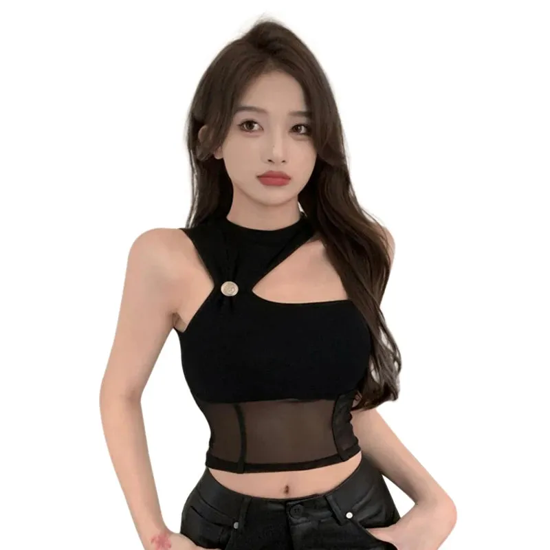 Schwarzer Mesh Crop Top Irregulärer Schnitt für E-Girl